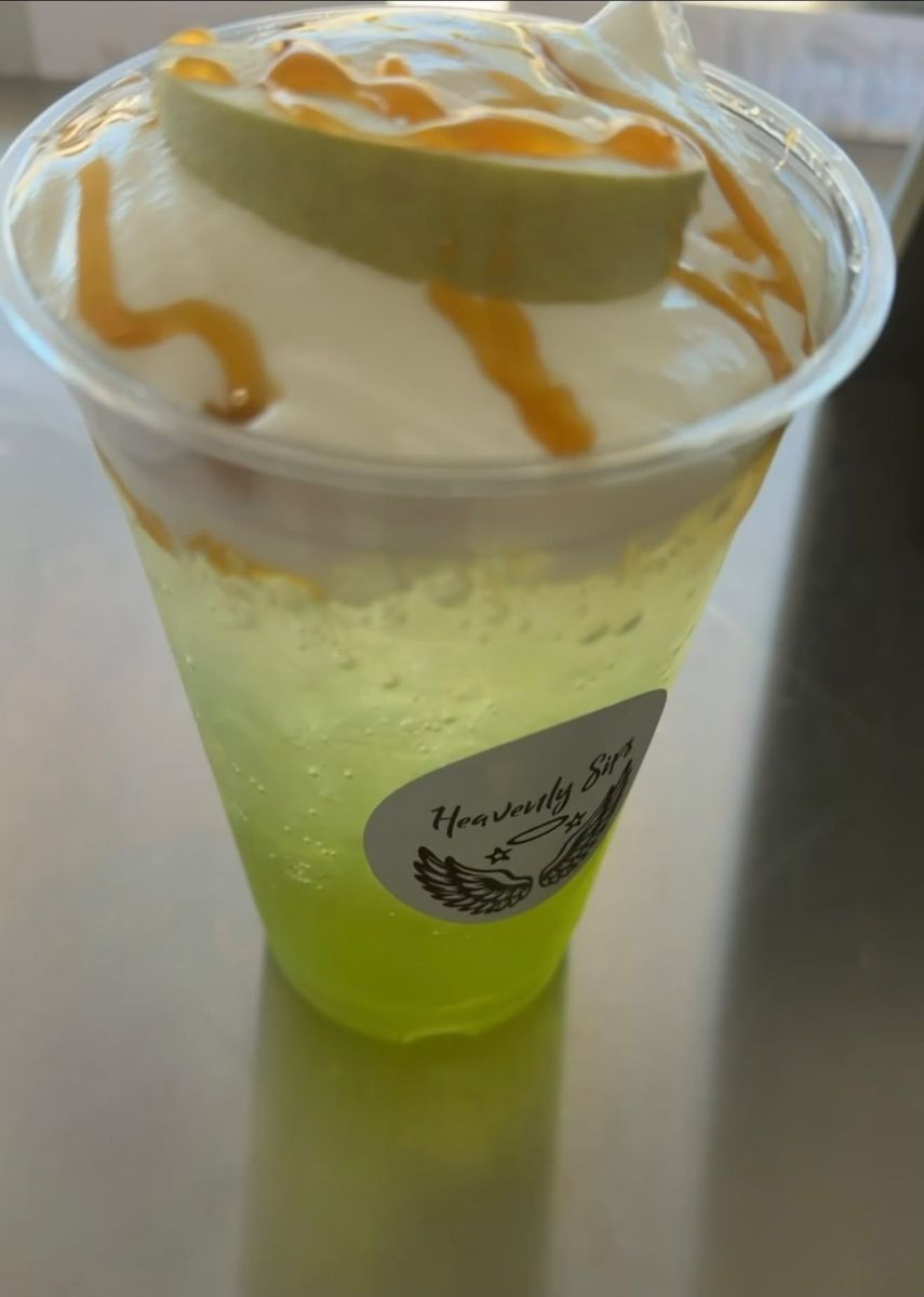 Caramel Apple Red Bull with cold foam, caramel drizzle and an apple slice